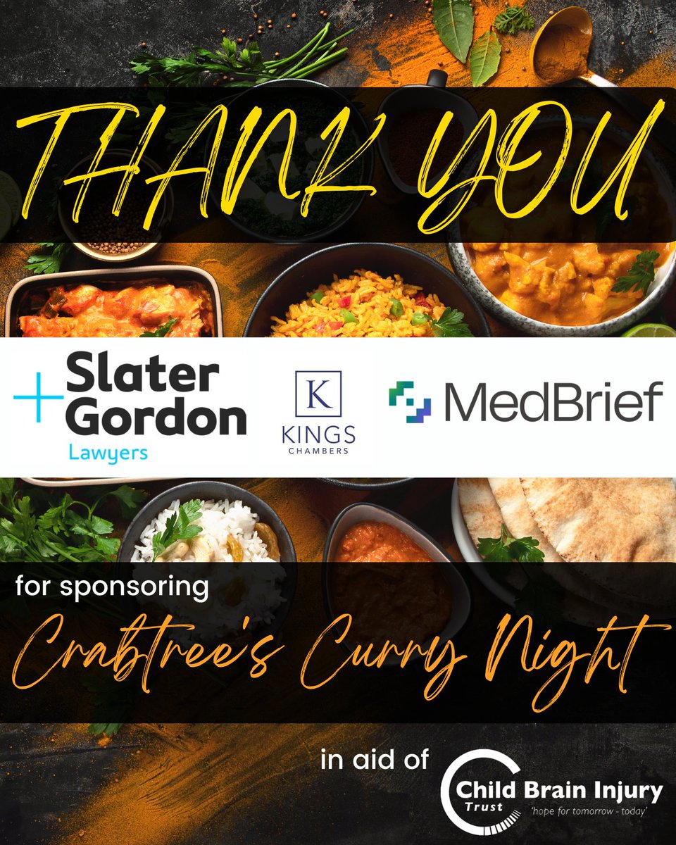 Big THANK YOU to <a href="/SlaterGordonUK/">Slater and Gordon UK</a> , <a href="/KCPlanningTeam/">Kings Chambers Planning</a>, and <a href="/Medbrief_ltd/">MedBrief</a>  for sponsoring the annual Crabtree's Curry Night in aid of the Child Brain Injury Trust! 🙏
These events are more than just gatherings—they’re lifelines. 💙
We couldn’t do it without you! 🥰