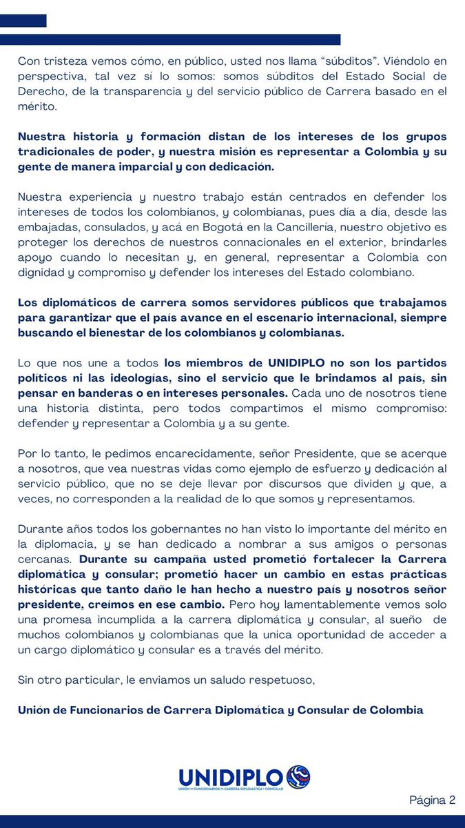 UltimaHoraCR's tweet photo. #CANCILLERÍA| Por medio de una carta abierta de @unidiplo dirigida al presidente de la República @petrogustavo, funcionarios de Carrera Diplomática y Consular manifiestan que no son parte “de una élite cerrada ni grupo privilegiado”, a la vez que invitan al mandatario a que los conozca y “pueda comprender de una mejor manera nuestra labor” @CaracolRadio