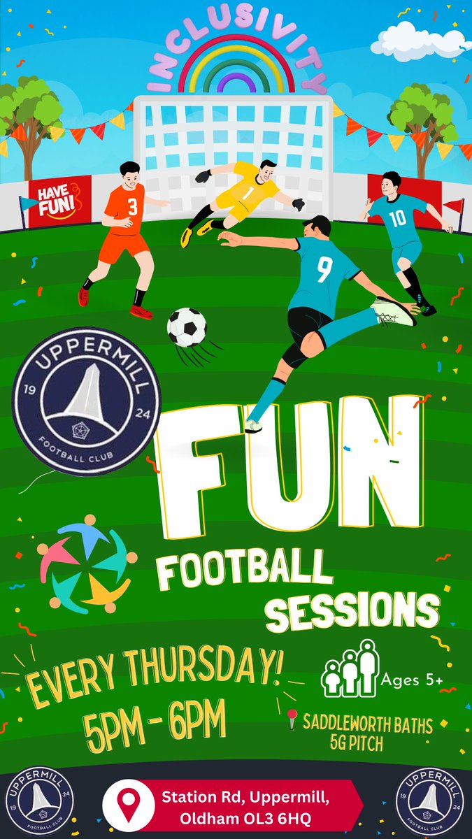🚨 FUN FOOTBALL SESSIONS🚨

Uppermill wants to ensure that everyone has the opportunity to participate in football, regardless of their confidence, disability, gender, race, or any other factors that might stop you feeling part of a team. 

Every Thursday 5-6PM❗️Let’s have Fun💙
