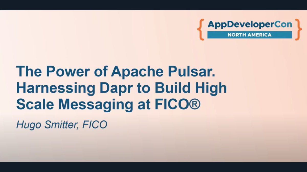 diagridio's tweet photo. Exploring event-driven architectures or need reliable messaging at scale? This session from #AppDeveloperCon has the blueprint. Credit-score agency FICO shares how they're leveraging #ApachePulsar and @Daprdev to create a scalable, resilient messaging architecture for their platform.