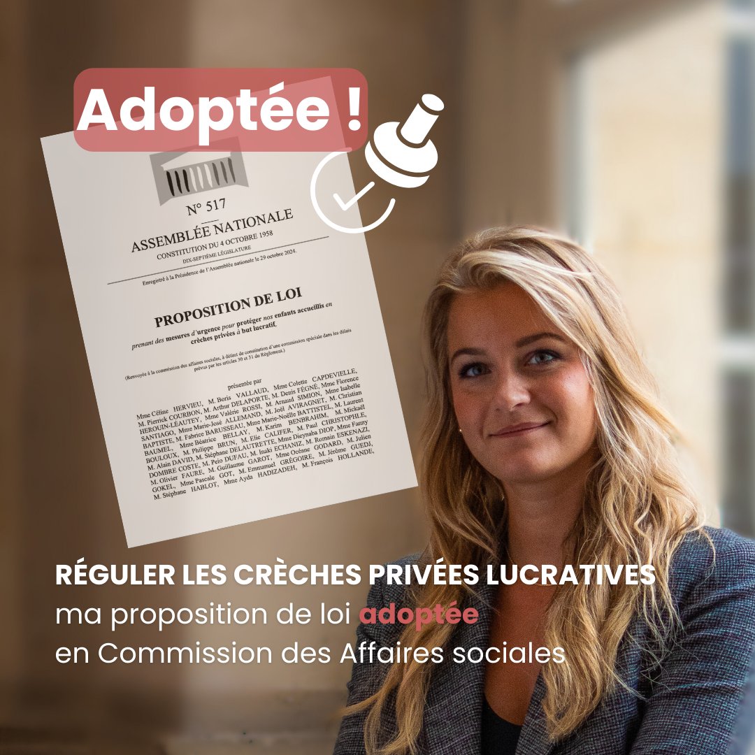 ✅ Adoption à l’unanimité de ma proposition de loi sur les crèches privées lucratives en commission !

Une première étape pour lutter contre la financiarisation des crèches privées lucratives pour protéger nos enfants accueillis en crèches ! 

#DirectAN