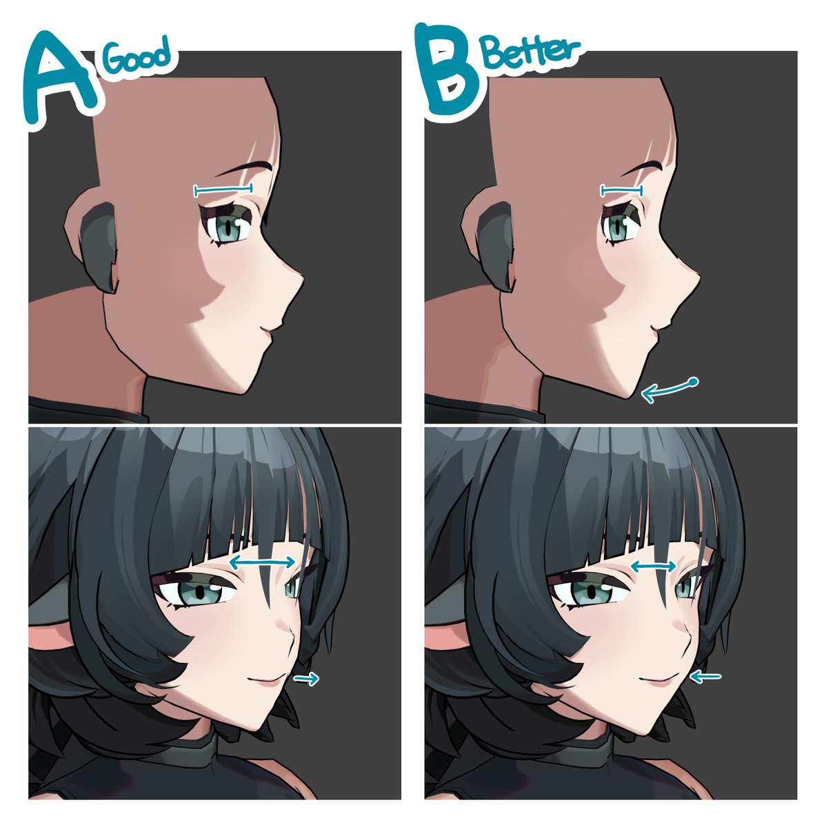 WTHN_Ross's tweet image. [모델링 TIP]
보통 일러스트가 A처럼 그려져 있어서 3D에서도 똑같이 만드는 경우가 있는데, 캐릭터 모델링할때는 최대한 옆모습을 납작하게 해주는게 반측면 각도에서 이뻐보입니다.
특히 입과 턱을 최대한 뒤로 넣어야지  2D느낌이 잘 납니다!
#3DCG #tips #modeling