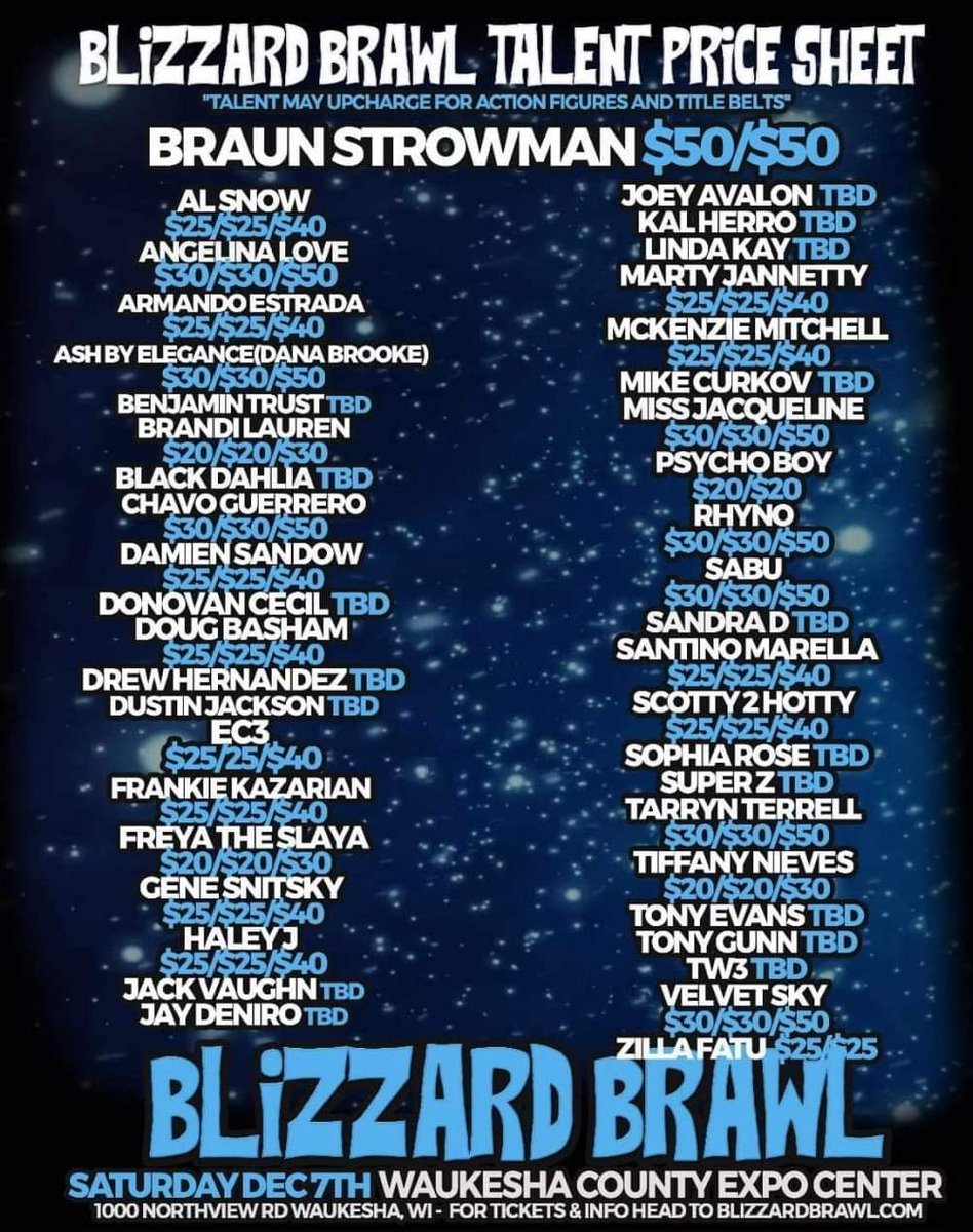 BlizzardBrawl's tweet image. Blizzard Brawl on Saturday Night, December 7th is SOLD OUT...  Standing Room Only admission is $20 in advance or $25 at the door.  Doors at 4pm. Bell time is 7pm. BlizzardBrawl.com