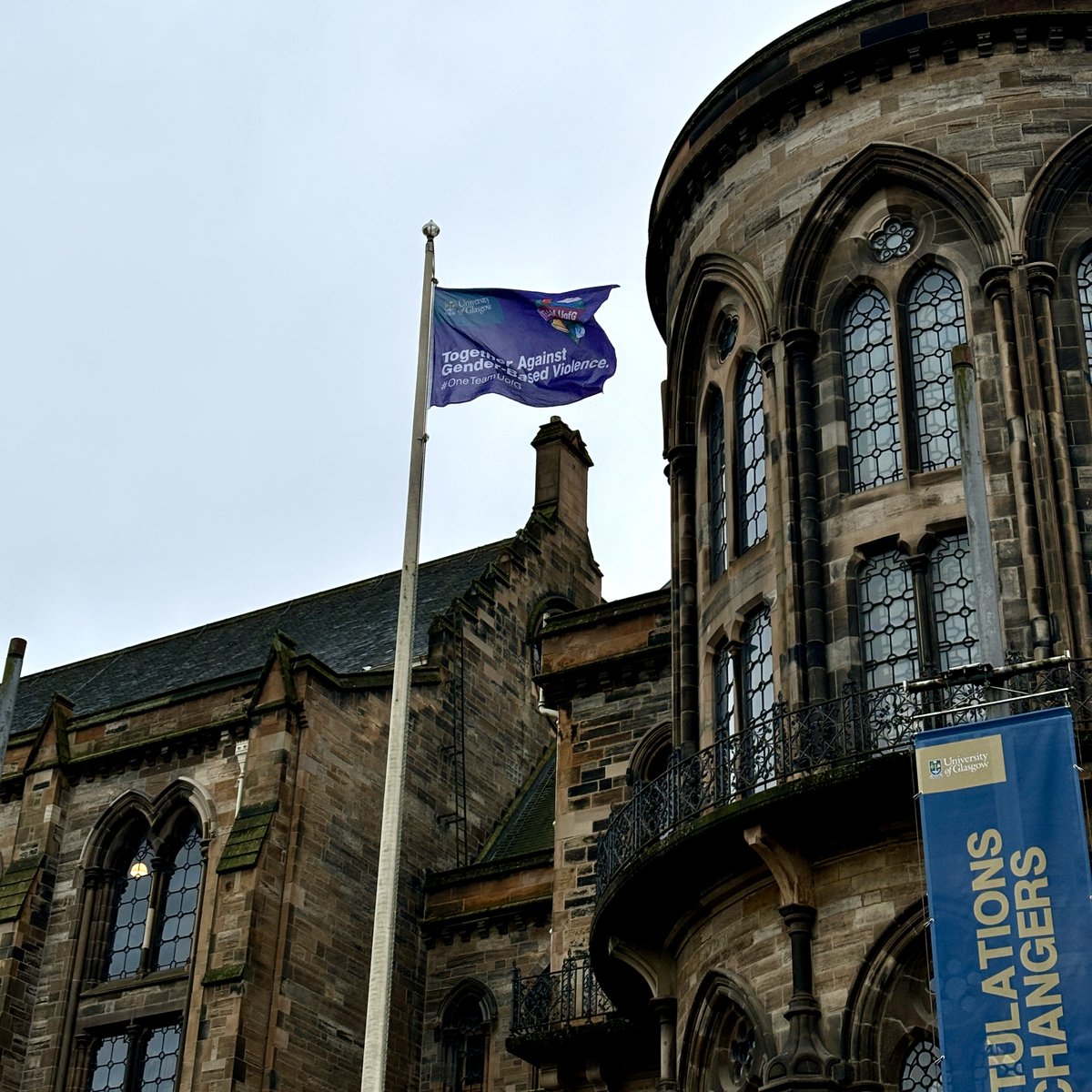 Our Together Against Gender-Based Violence flag is flying high on campus for #16DaysActivism.

We're committed to ensuring our community feels safe &amp; respected on our campuses 💜

If you’ve experienced any form of GBV, we can offer support: gla.ac/3ZmZvE0

#OneTeamUofG