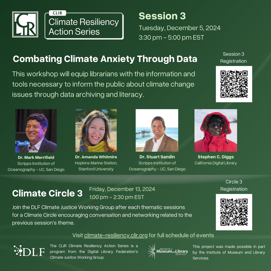 Join the next CLIR Climate Resiliency Action Series session: Combating Climate Anxiety through Data
🗓️ Thursday, 3:30 PM EST
Experts will explore how libraries &amp; archives empower communities with accurate, timely info to tackle climate change.
🔗 Register: hubs.li/Q02-m7hf0