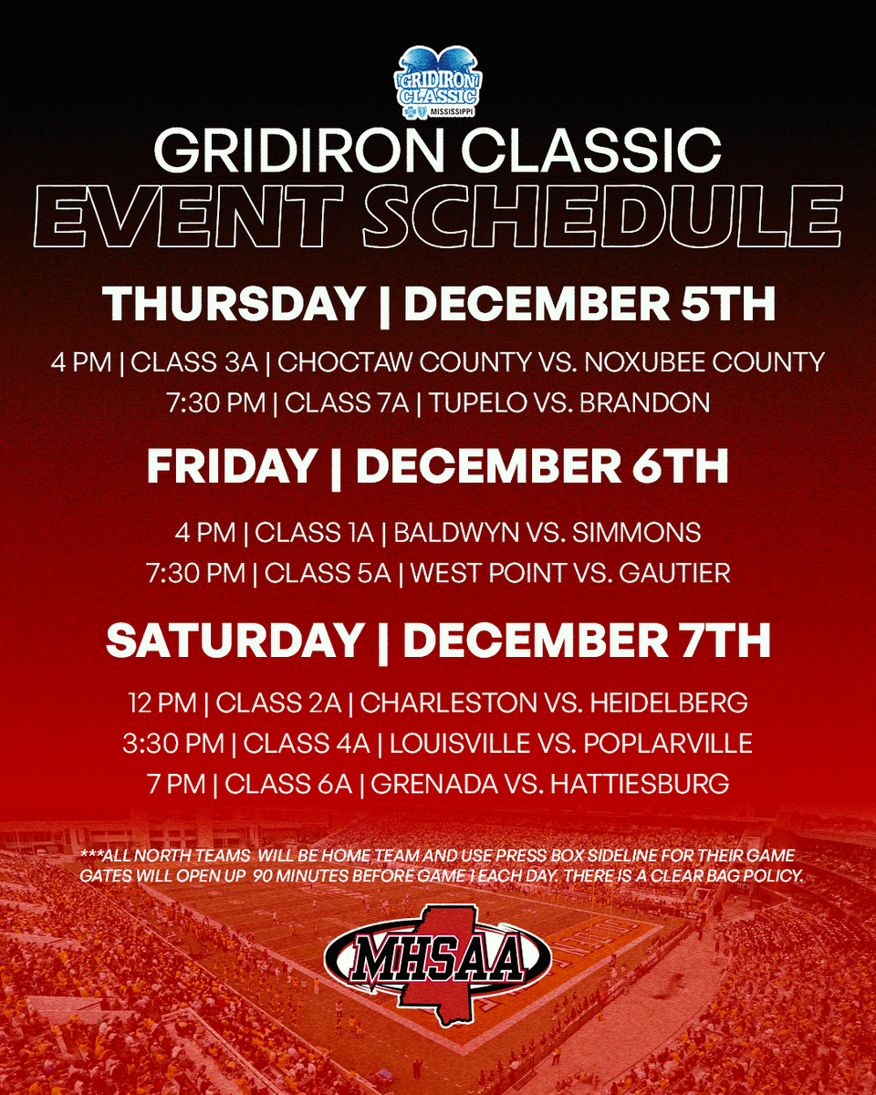 misshsaa's tweet photo. 🏈 We are one day away from the start of the 2024 Gridiron Classic presented by Blue Cross Blue Shield Mississippi! Here is the full event schedule.

Click below to purchase GoFan tickets, TV/Streaming Broadcasts and more information on the football state championship event.
https://t.co/JUn9RXpncN