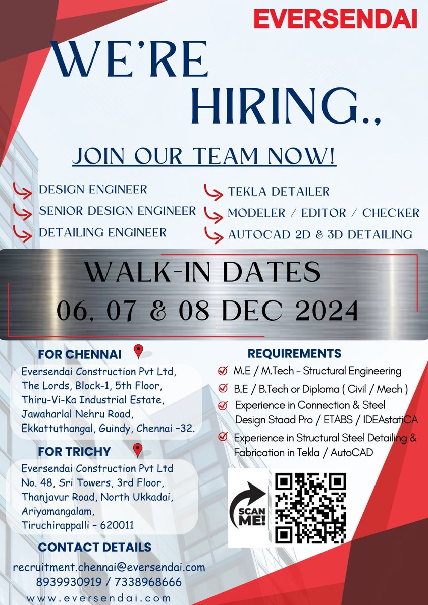 Mohandes_pon's tweet image. Walk-in interview at Chennai and Trichy.

Dates:06,07,08 December 2024.

#JobVacancy_Alert
#indiajobs
#engineeringjobs 
#construction
#tekla
#eversendai