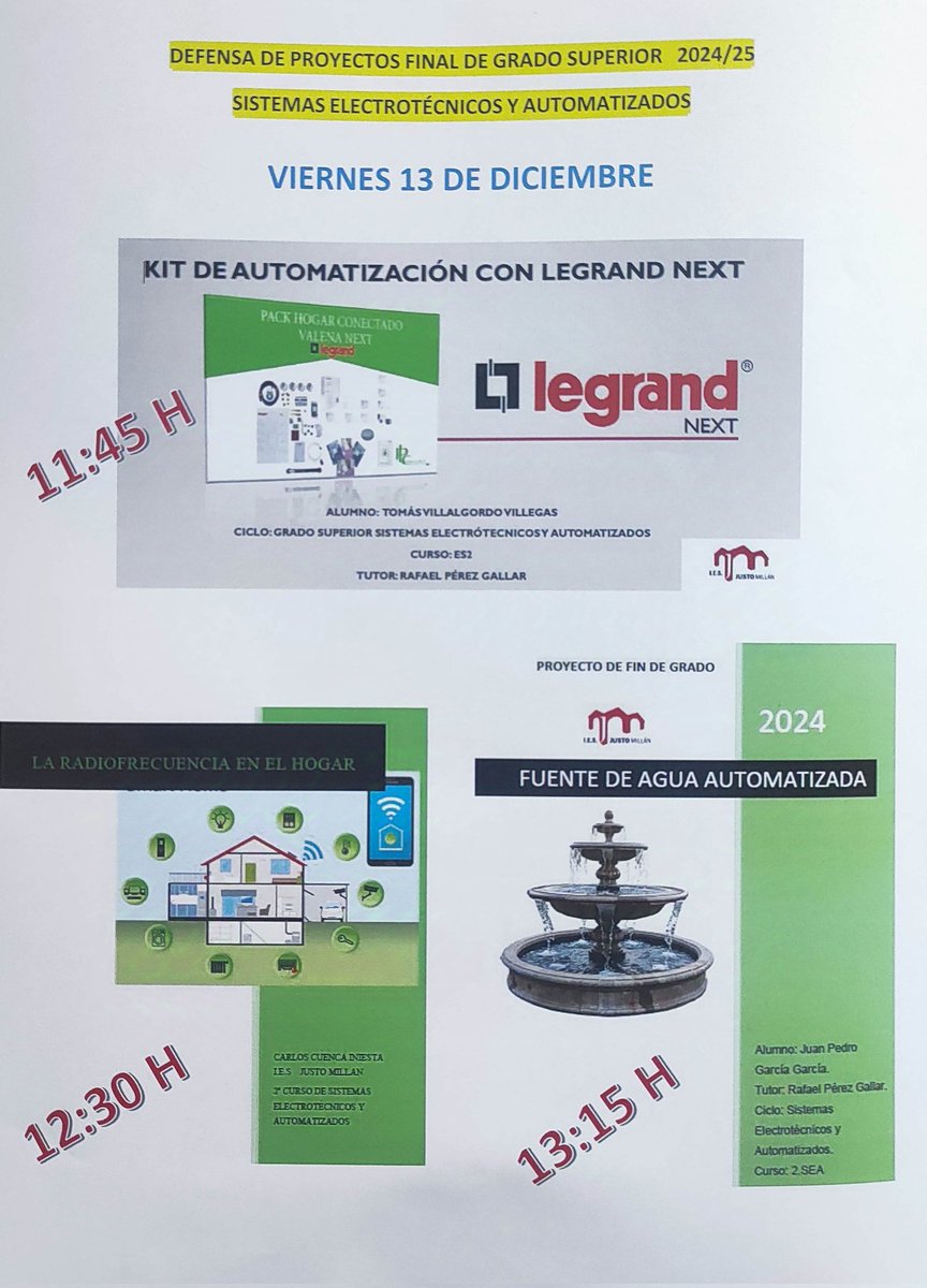 📣El próximo viernes 13 de diciembre tendrá lugar la defensa de los Proyectos de Fin de Ciclo de alumnado del Grado Superior de Sistemas Electrotécnicos y Automatizados.