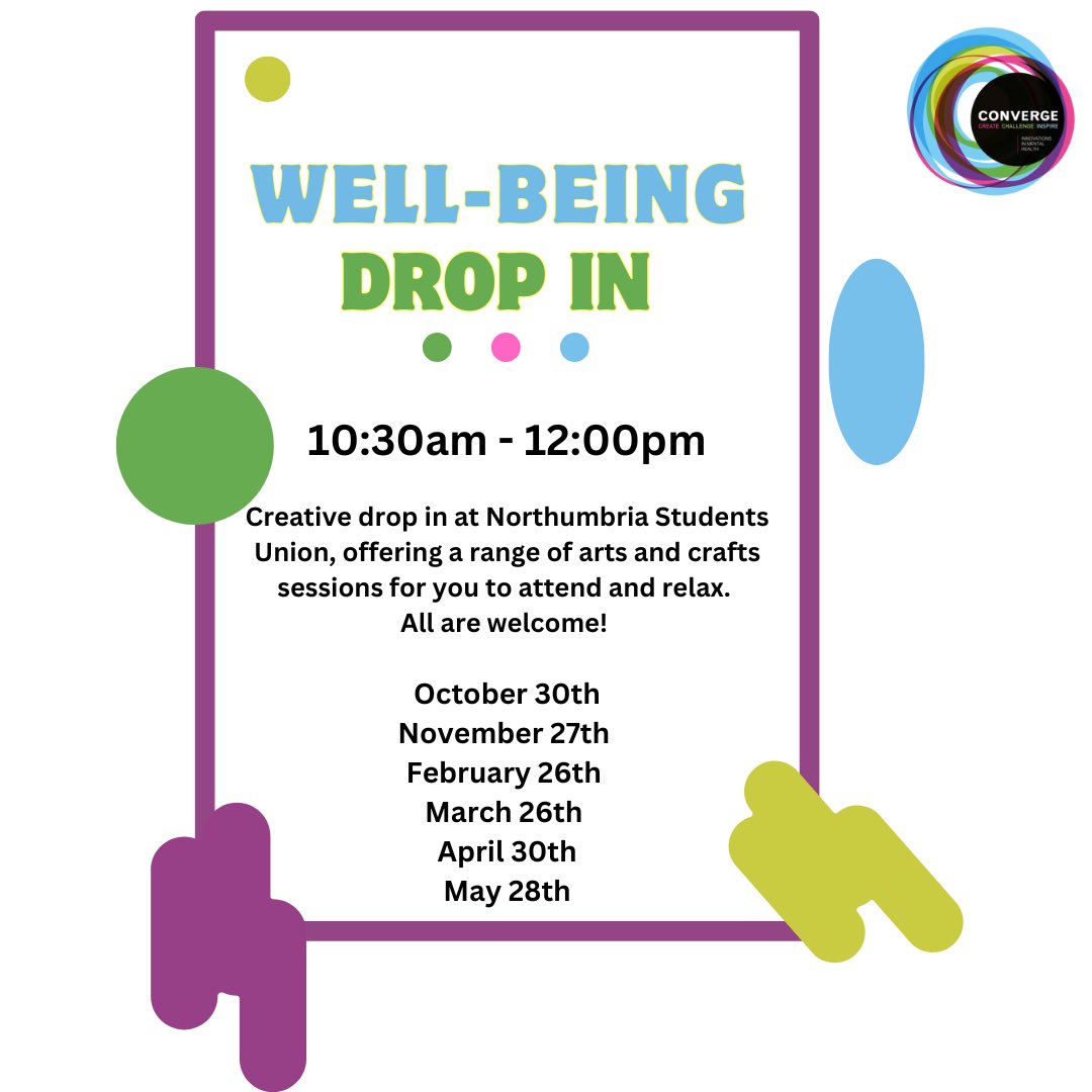 Did you know we run Well-being Drops at <a href="/NorthumbriaSU/">Northumbria Students’ Union</a> as part of their Well-Being Wednesdays? 🎨

These are informal drop ins where <a href="/NorthumbriaUni/">Northumbria Uni</a> students have a chance to relax, have free tea and coffee and have fun. 

Last Wednesday of the month 10:30am - 12pm 
 
Say hello!