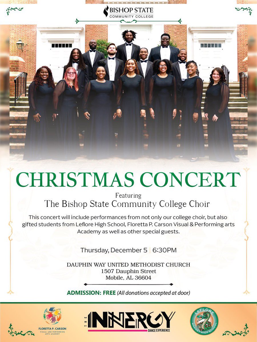 BishopState's tweet photo. Give yourself one of the best gifts & attend the #BishopState Annual #Christmas Concert ๐ถ tomorrow night @dauphinwayumc at 6:30p. Plus itโs FREE!
Special performances with@JohnLLeFlore, Floretta P. CarsonVPAA, & more. We look forward to seeing you there!๐๐
#bishopstatement https://t.co/B1dP1VfB0u
