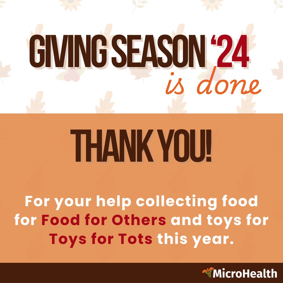 MicroHealth, LLC (@microhealthllc) on Twitter photo Thanks to your generosity, we:
🫘 Collected 350+ lbs of food for <a href="/foodforothers/">Food for Others</a>
🧸 Gathered tons of toys for <a href="/ToysForTots_USA/">Toys for Tots</a>
MicroHealth proudly supports local organizations helping neighbors in need this holiday season.
Learn more: lite.spr.ly/6001DFgL
#microhealth Thanks to your generosity, we:
🫘 Collected 350+ lbs of food for <a href="/foodforothers/">Food for Others</a>
🧸 Gathered tons of toys for <a href="/ToysForTots_USA/">Toys for Tots</a>
MicroHealth proudly supports local organizations helping neighbors in need this holiday season.
Learn more: lite.spr.ly/6001DFgL
#microhealth