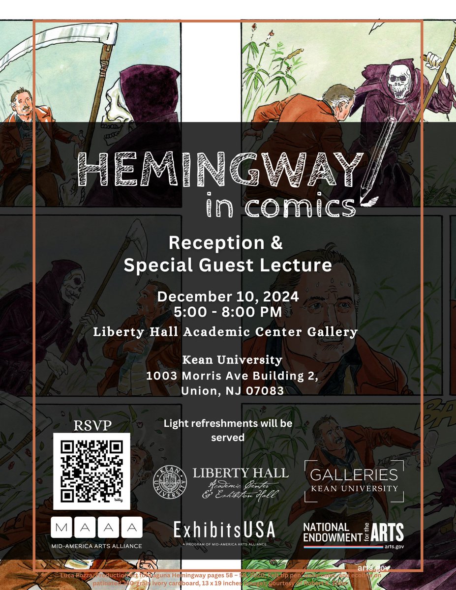 Discover the world of Hemingway in Comics at our opening reception and special guest lecture. Dive into the connections between literature and art. Dec 10, from 5:00 to 8:00 PM Liberty Hall Academic Center Gallery. RSVP using the link in our bio. #galleriesatkean #keanuniversity