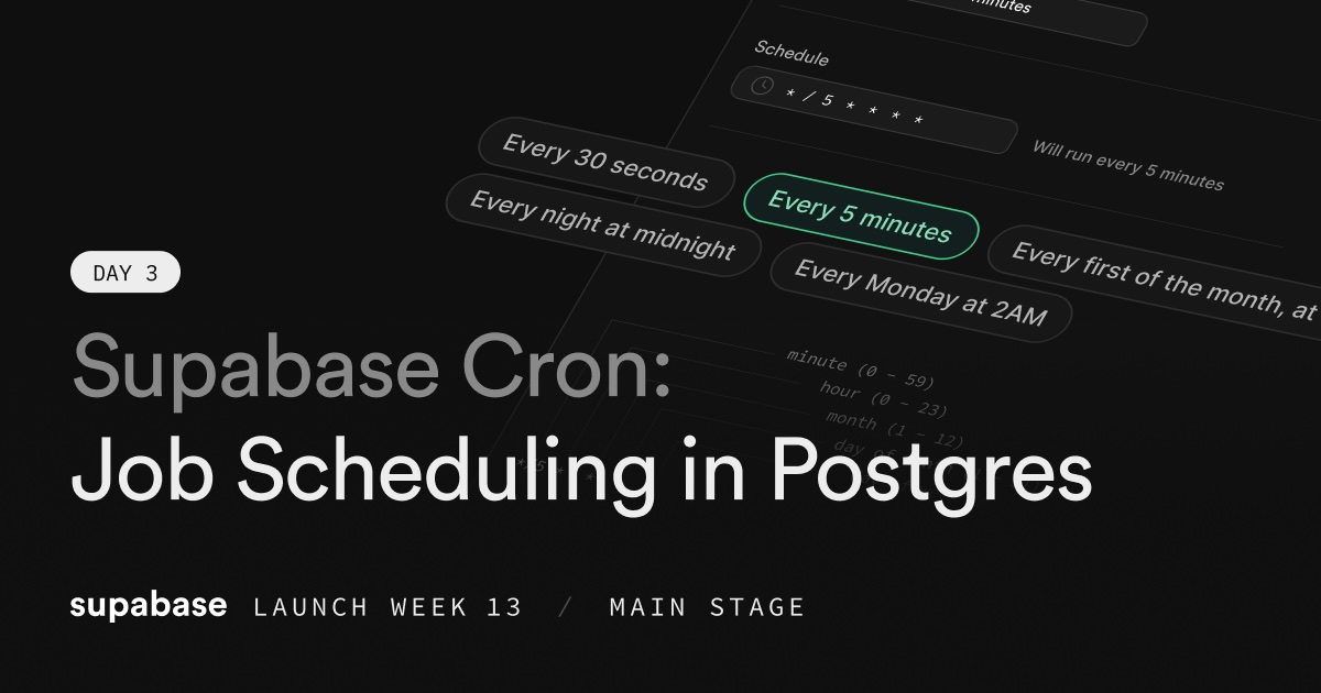 supabase's tweet image. Today we&apos;re releasing Supabase Cron, a new Postgres Module that makes recurring Jobs simple and intuitive inside your database

Read more ↓↓