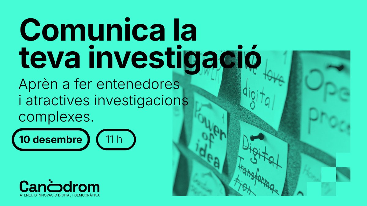 Canòdrom -Ateneu d'Innovació Digital i Democràtica (@canodrombcn) on Twitter photo 🧪💬 Si tens una investigació científica o tecnològica que et fa vibrar, però sents que no s'entén bé quan l'expliques, aquesta sessió és per a tu!  
🗓️ 10 desembre, 11 h
Aprèn a comunicar-la amb <a href="/eduscopi/">Eduscopi</a> perquè diguin: "WOW!" 🎉 via.bcn/l7R450UkFB4 🧪💬 Si tens una investigació científica o tecnològica que et fa vibrar, però sents que no s'entén bé quan l'expliques, aquesta sessió és per a tu!  
🗓️ 10 desembre, 11 h
Aprèn a comunicar-la amb <a href="/eduscopi/">Eduscopi</a> perquè diguin: "WOW!" 🎉 via.bcn/l7R450UkFB4