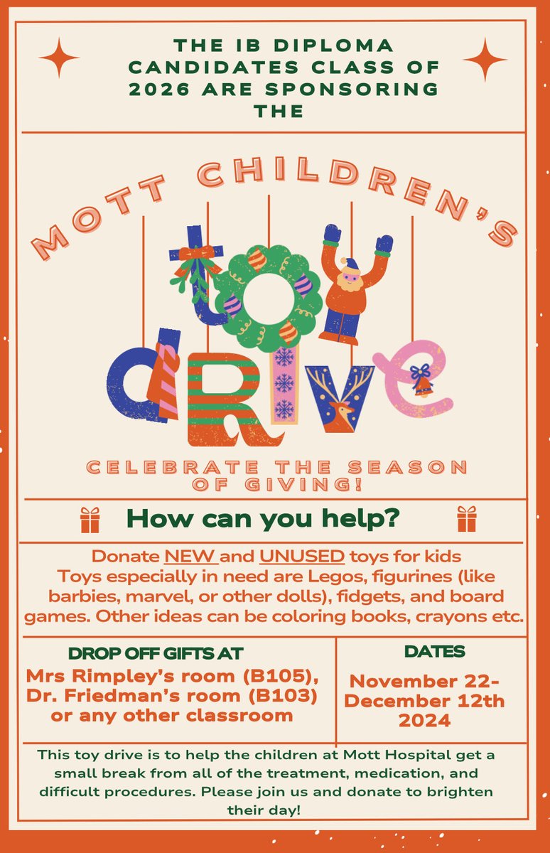 IB Diploma Class of 2026 Toys for Mott Drive ends on Dec 12!