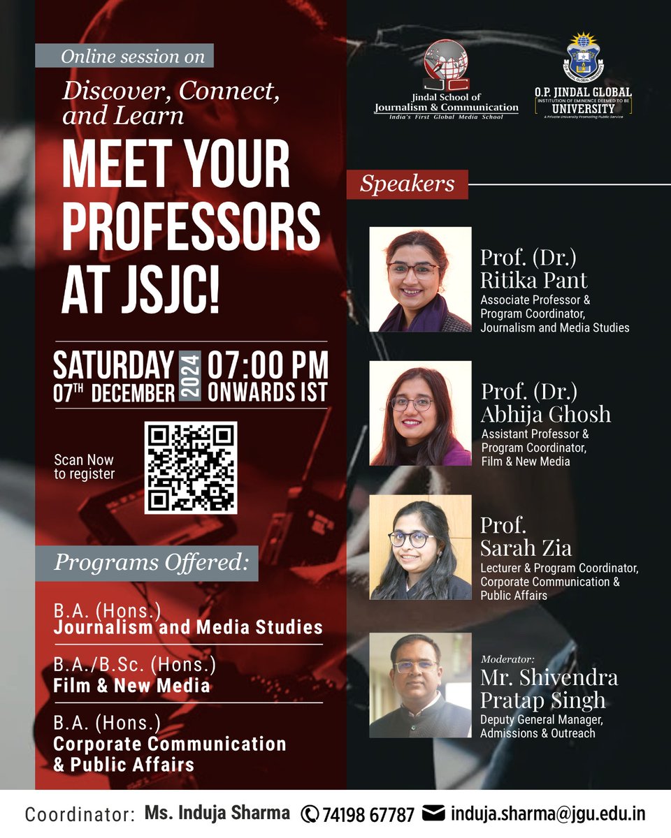 jsjc_jgu's tweet photo. 🌟 Discover, Connect, and Learn! 🌟
🗓️ Save the Date: Saturday, 7th December 2024
⏰ Time: 7:00 PM IST
📍 Event: Meet Your Professors at JSJC

📲 Register Now: https://t.co/76KnHohaoC

#filmschool #jschool #mediaschool #admissions #media #comms https://t.co/YqpxEK8xCQ