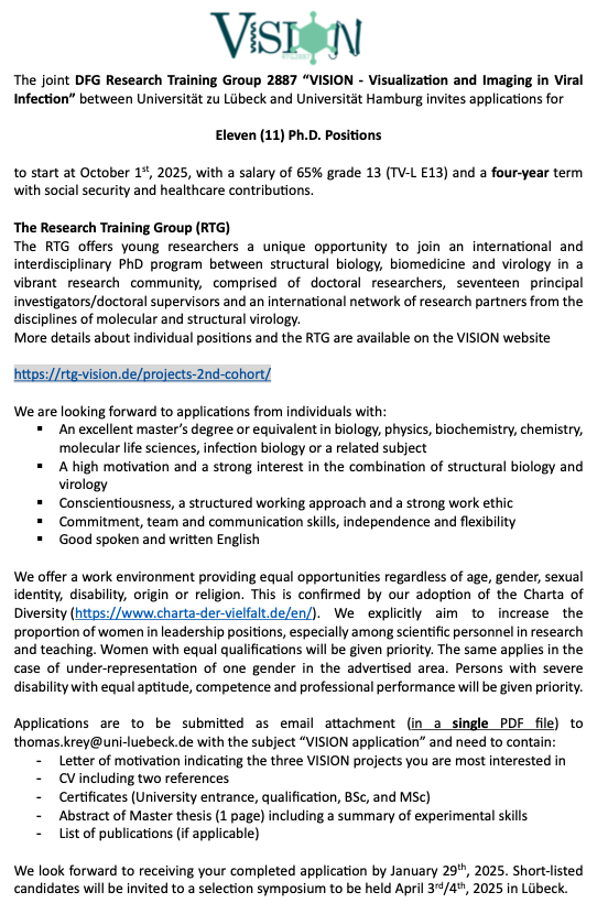 bosse_lab's tweet image. We have a PhD position open! Please apply if you are interested in proteome-wide interaction networks of large DNA viruses and target them with in-silico-designed protein binders. Our colleagues have many more fascinating projects. Check them out at rtg-vision.de/projects-2nd-c…