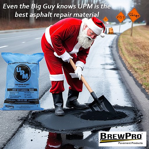Brewpro1's tweet photo. Even the Big Man uses the best #Pothole repair material  in his travels ! @Brewpro1  #Aphaltrepair #potholeseverywhere #PavementMaintenance #UPMPotholeRepair #Santa #HoHoHo https://t.co/iksRQDMFik
