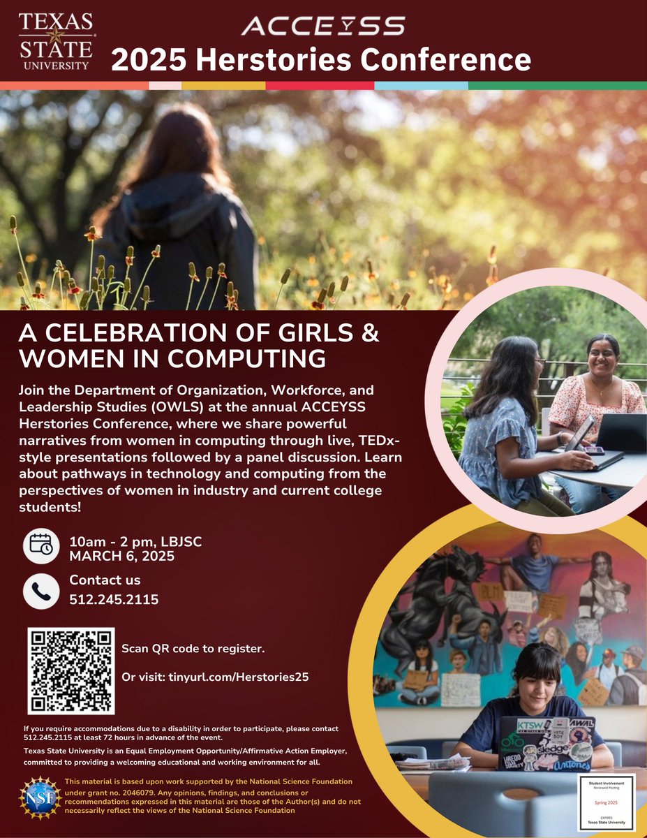 TxStateOWLS's tweet image. 🌟 Calling All Future Innovators &amp;amp; Researchers! 🌟
Young girls and teachers, join the 2025 Herstories Conference to celebrate women in computing with inspiring talks and activities!
TXST students, showcase your research—submit posters by Jan. 15!
#WomenInSTEM #FutureOfComputing