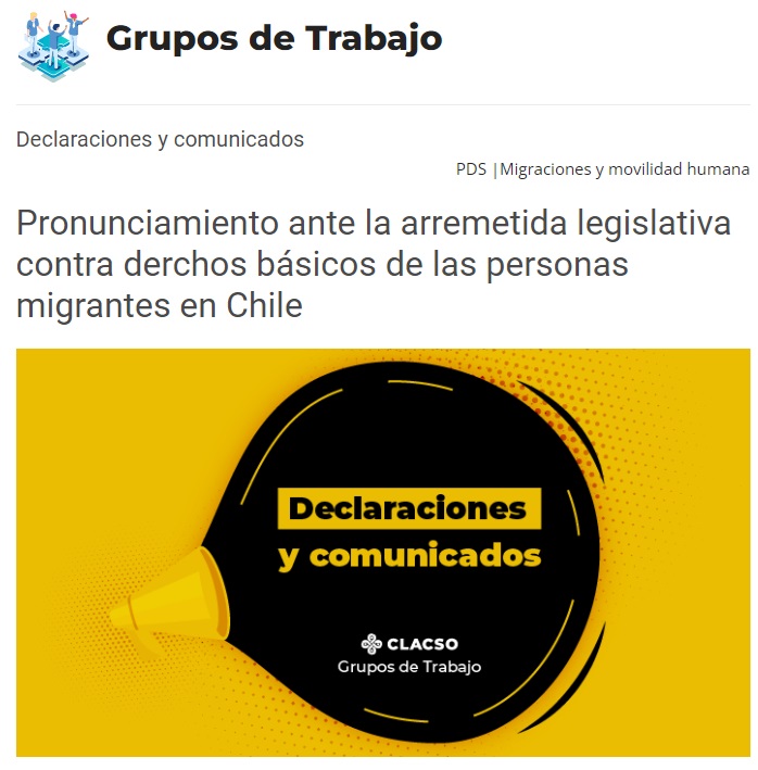 SoliCityLA's tweet photo. Compartimos pronunciamiento del GT de CLACSO Migraciones y Fronteras Sur-Sur ante la arremetida legislativa contra derechos básicos de las personas migrantes en Chile
https://t.co/LHJoyoIcOF https://t.co/KH1LgMmlYJ