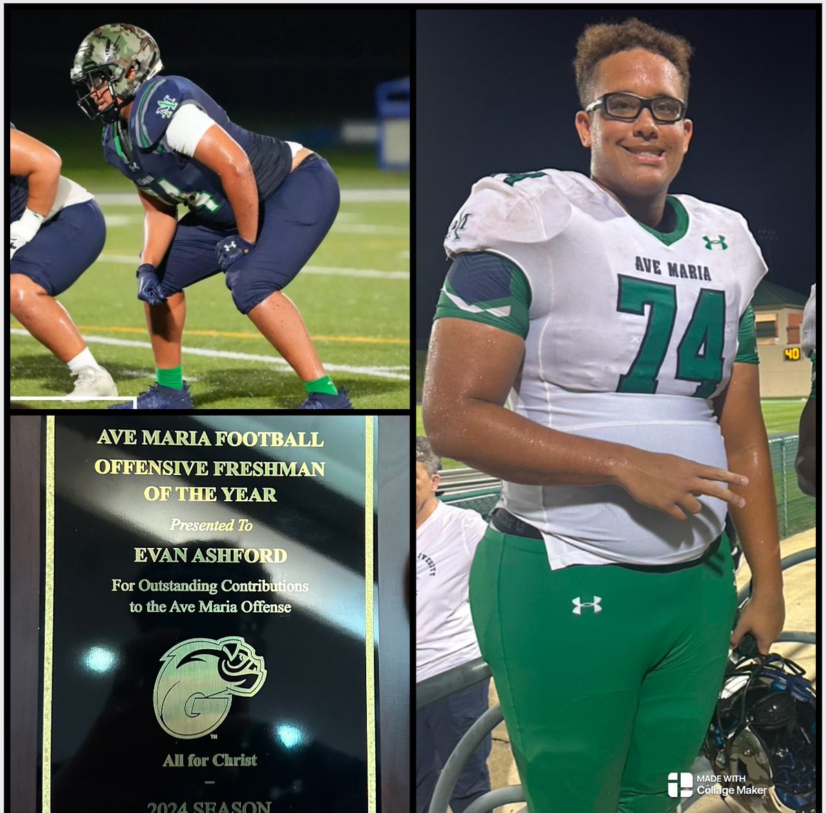 So proud of my brother <a href="/EvanAshford06/">Evan</a> 24 Apopka grad,  he was awarded the Ave Maria Offensive Freshman of the Year Award! He started in 2 positions LT/LG! Keep grinding Bro! <a href="/CoverApk/">Cover The Field -Apopka</a> <a href="/ApopkaFootball/">Apopka Football</a> <a href="/DanLaForestFB/">Dan LaForest 🏈</a> <a href="/CoachJettD/">Coach Jett Davison</a> <a href="/CoachAbnerSmith/">Abner Smith III</a>