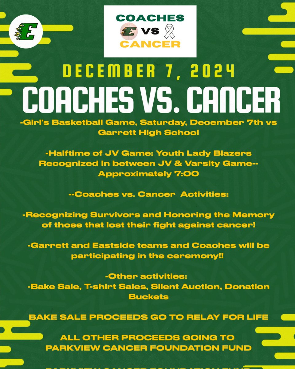 This Saturday, let's fill the gym at Eastside for a very important night vs. Garrett.  Let's Go Green 💚