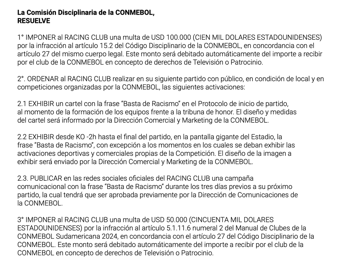 okdobleamarilla's tweet photo. 🚨 #ALERTA | ❌ Otra sanción de #CONMEBOL a #Racing y a Gustavo #Costas por la ida de la semifinal ante Corinthians 🇧🇷 

📌 La Academia deberá abonar U$D 100.000 por ACTOS RACISTAS y U$D 50.000 por infracciones al código disciplinario

📌 Además, el entrenador deberá abonar U$D 50.000 por salir tarde al terreno de juego
