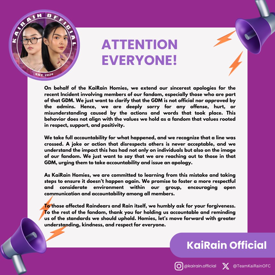 Team KaiRain official statement about what happened today❗❗❗