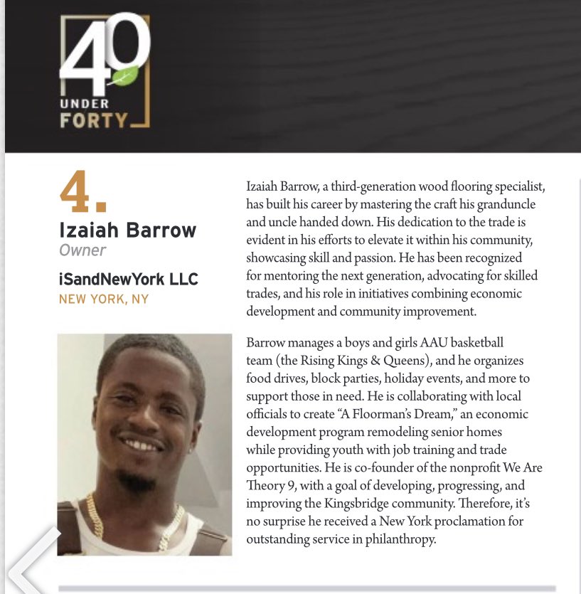 ibarrow1718's tweet photo. I was privileged to be nominated for the #NWFA “40 under 40” list…. Check me out coming in at number #4! #iSandNewYork #NWFA #WoodFloors #WoodWork https://t.co/3GJQ5p5mMj