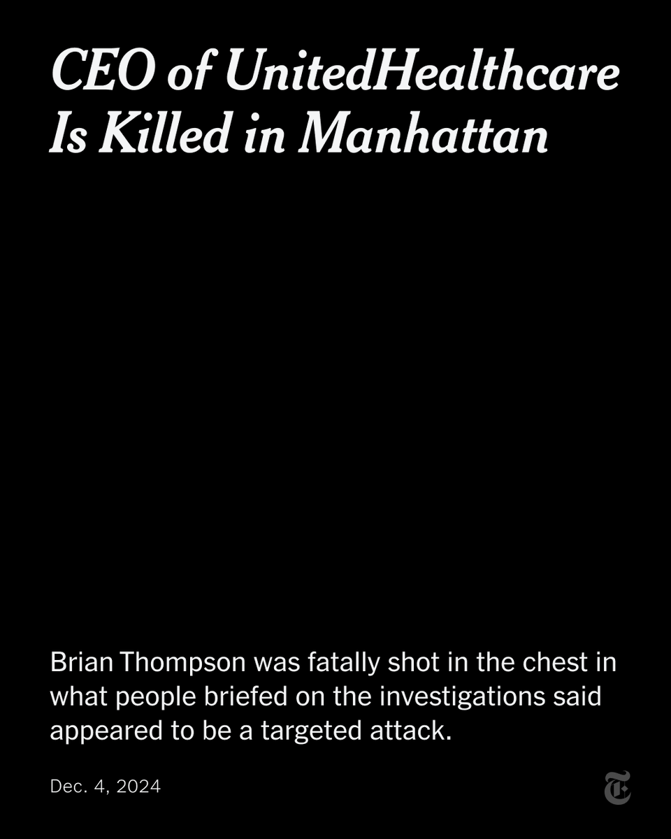 The chief executive of UnitedHealthcare, one of the nation’s largest health insurers, was fatally shot in Midtown Manhattan on Wednesday, according to a police report and people familiar with the matter. Follow live updates. nyti.ms/49i6qTz