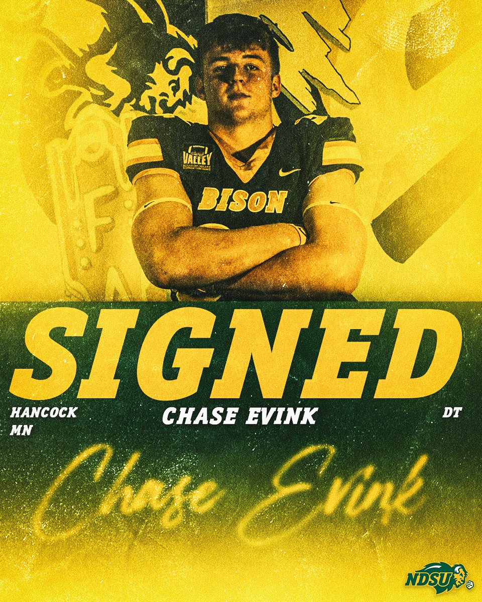 𝐒𝐈𝐆𝐍𝐄𝐃 ✍️

Chase Evink, a 6-5, 249 defensive tackle from Hancock High School in Minnesota is officially a Bison. 🤘

#TOUGH25 | #NSD25