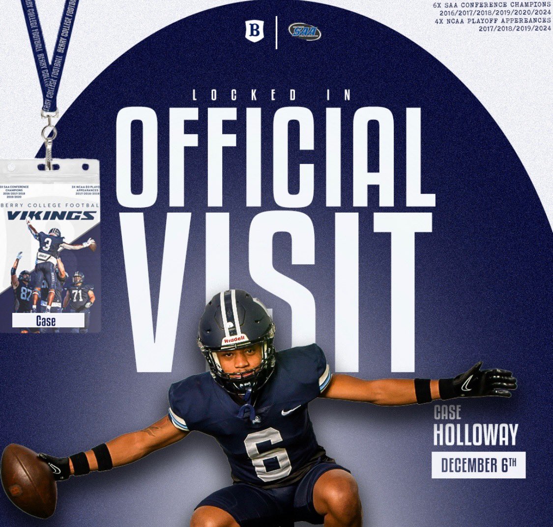 Case Holloway (@hollowaycase) on Twitter photo I will be visiting <a href="/BerryFootball/">Berry Football</a> this weekend! Thank you <a href="/CoachJohnSikora/">John Sikora</a> for the invite!!
<a href="/NwGaFootball/">NwGa Football</a> <a href="/Fannincountyfb/">Fannin County Football</a> <a href="/CoachJReece/">Jacob Reece</a> <a href="/chadmcheatham/">Chad M Cheatham</a> <a href="/RecruitGeorgia/">Recruit Georgia</a> I will be visiting <a href="/BerryFootball/">Berry Football</a> this weekend! Thank you <a href="/CoachJohnSikora/">John Sikora</a> for the invite!!
<a href="/NwGaFootball/">NwGa Football</a> <a href="/Fannincountyfb/">Fannin County Football</a> <a href="/CoachJReece/">Jacob Reece</a> <a href="/chadmcheatham/">Chad M Cheatham</a> <a href="/RecruitGeorgia/">Recruit Georgia</a>
