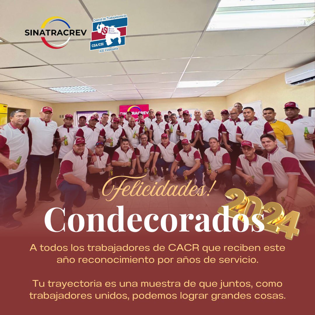 Nuestra organización sindical felicita a los trabajadores de #CerveceríaRegional que esta semana reciben reconocimiento por años de servicio. ¡Felicidades! <a href="/Sinatracrev/">Sinatracrev Oficial</a> celebra sus años de trabajo y compromiso. ¡Gracias por todo lo que hacen! <a href="/CentralASI/">Central ASI Vzla</a> <a href="/CentralASIZulia/">Central ASI Zulia</a>