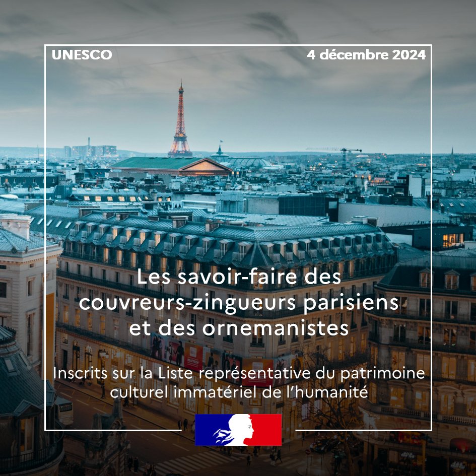 France_UNESCO's tweet photo. La 🇫🇷 se réjouit de l’inscription des savoir-faire des couvreurs-zingueurs parisiens et des ornemanistes au patrimoine culturel immatériel de l’humanité de l’@UNESCO, véritables artisans du paysage architectural français. https://t.co/MgLKjO4DYJ