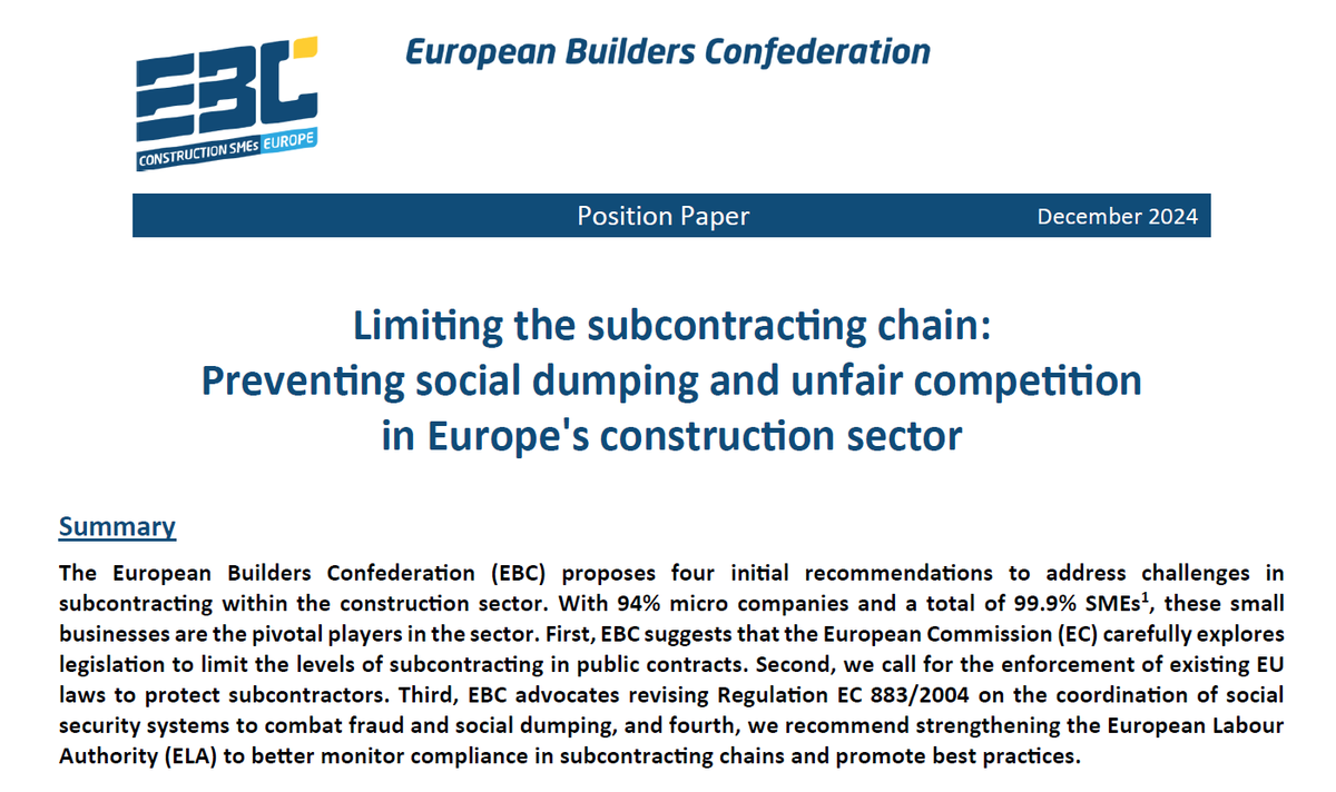 EBC_SMEs's tweet photo. 🚨 EBC calls for investigating the need to limit #Subcontracting chains in #construction !
4 recommendations to protect #SMEs, tackle #SocialDumping & prevent unfair #Competition in the sector.
📑 Full position: https://t.co/q6AR3KDeSC
🔗 Press Release: https://t.co/KlDm72hOvB https://t.co/5yko7Cls8P