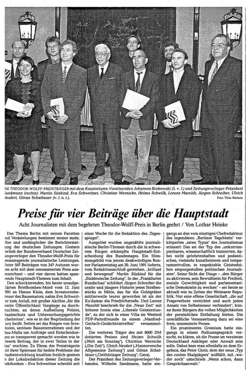 Nach zwanzig Jahren hört <a href="/LorenzMaroldt/">Lorenz Maroldt</a> als Chefredakteur des @tagesspiegel auf und wird Herausgeber. 1994 fing er als Redakteur in der Potsdamer Straße an, aber zwei Jahre zuvor war er schon im Blatt: als Theodor-Wolff-Preisträger.