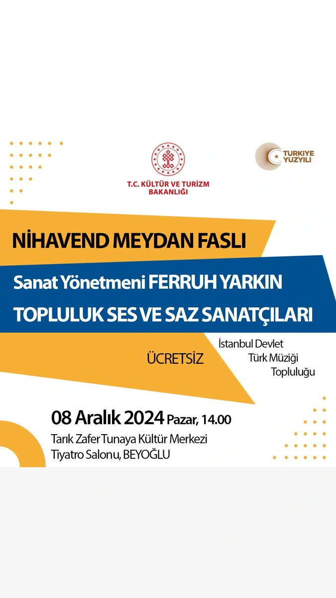 Ferruh Yarkın yönetiminde “Nihavend Meydan Faslı” konserimiz ile 8 Aralık pazar günü 14.00 de Tarık Zafer Tunaya Kültür Merkezi’nde siz değerli dinleyicilerimiz ile buluşacağız. 🎶
Konserimiz Ücretsizdir.