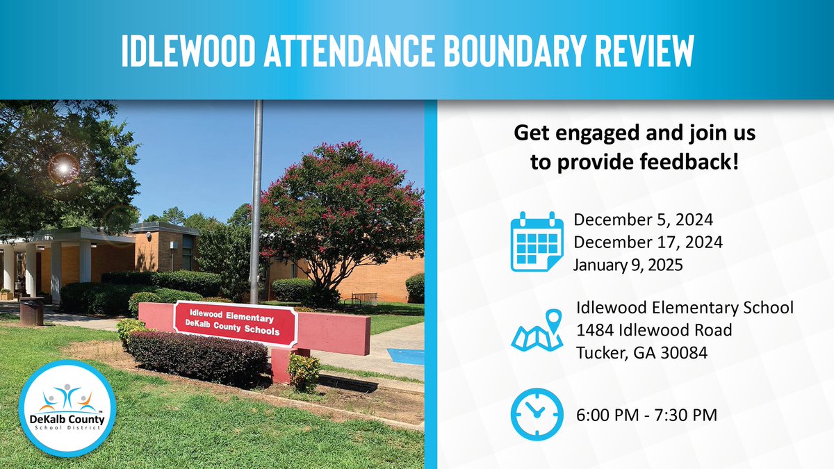 📢 Idlewood Attendance Boundary Review Meeting! 🗣️🏫🗺️

Meeting 1: 📅 Thurs, Dec 5
Meeting 2: 📅 Tues, Dec 17
Meeting 3: 📅 Thurs, Jan 9
🕕 6 - 7:30 PM
📍 Idlewood Elementary School

👥 Bring your friends, neighbors, and family! Let's map the future of education together! 🤝