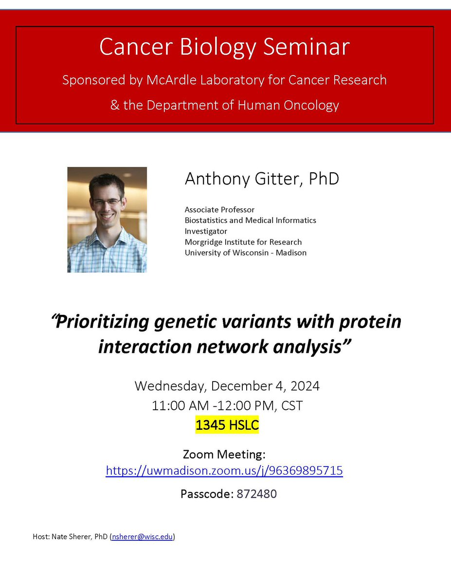 Excited to be hosting <a href="/anthonygitter/">Anthony Gitter</a>  today for the <a href="/McArdleLab/">McArdle Laboratory</a> and <a href="/UW_RadoncDHO/">UW Department of Human Oncology</a> seminar!