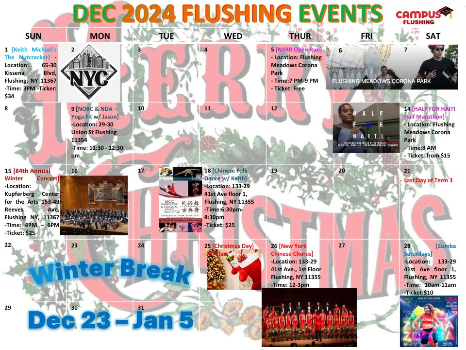 campus_flushing's tweet photo. Here is the December 2024 Calendar 🥰~~ Campus Education Flushing Selects events in December for you all! MERRY Christmas to Everyone!!
#december2024 #esl #Campusflushing #Campuseducation #englishschooll #flushing #ESL #queensenglish #I20  #englishlearningflushing #TOEFL https://t.co/lIKFwf3NPU