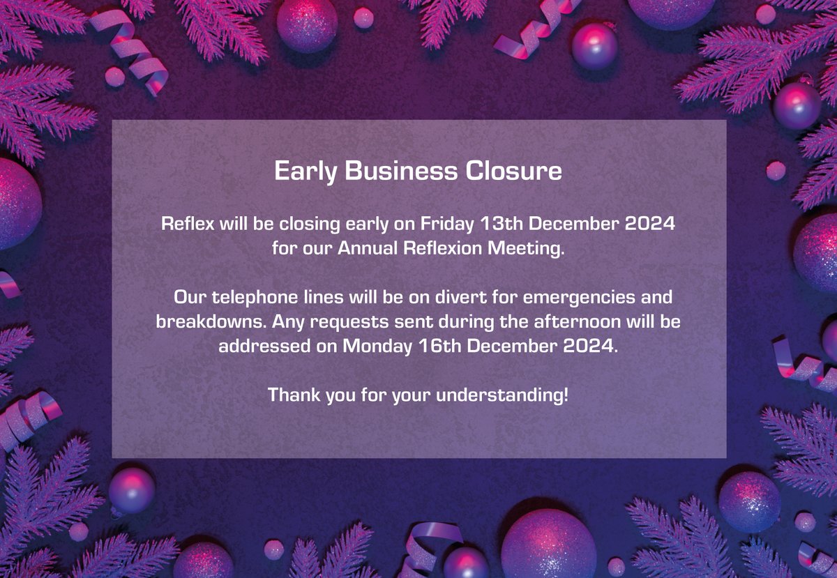 🎄 Important Reminder: Branch Update 🎅

Our Loughborough, Manchester and Scotland depots will be closing its doors early this Friday for its Annual Reflexion Meeting.

Our telephone lines will be on divert for emergencies and breakdowns during this time.

#ReflexionsMeeting