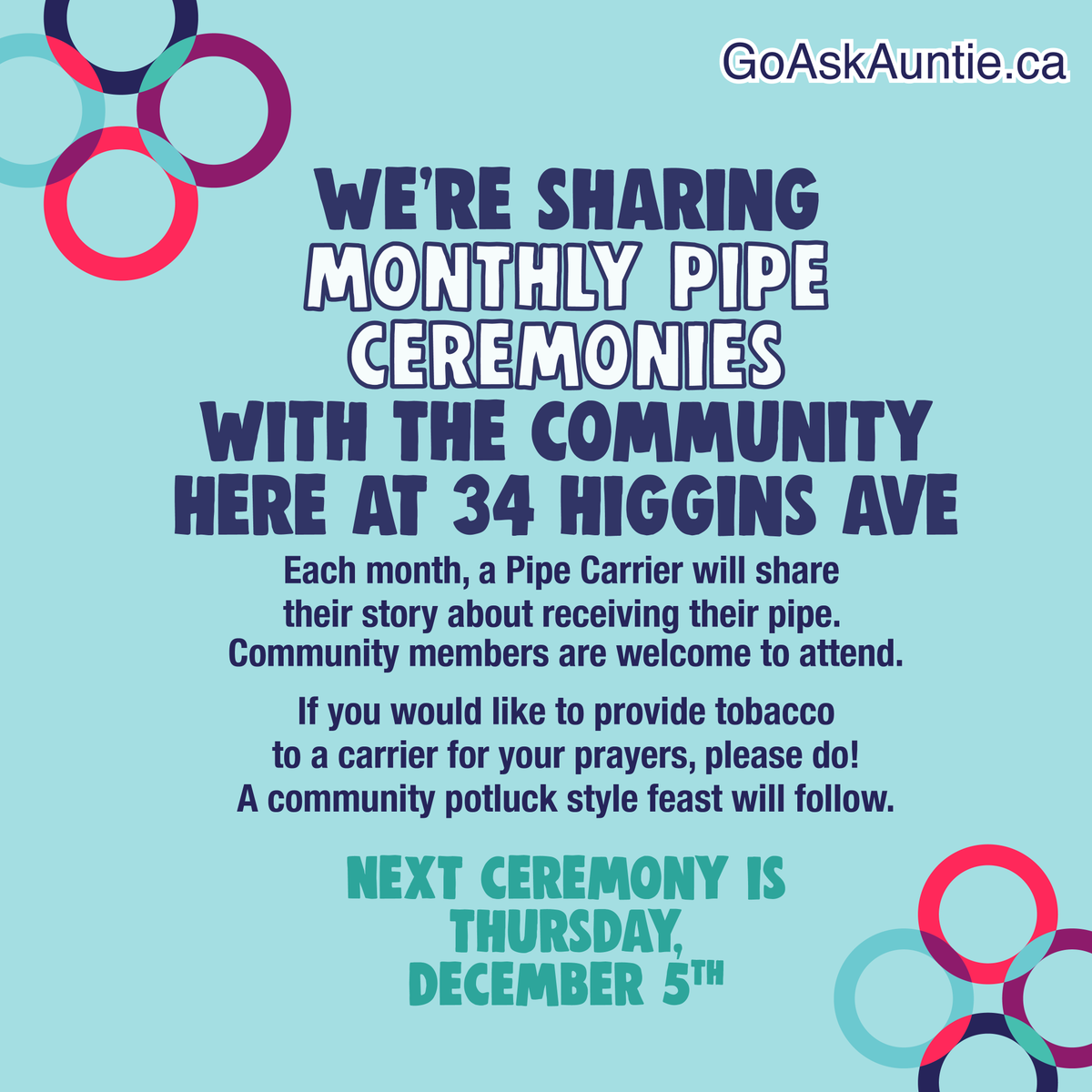goaskauntieca's tweet photo. UPDATED LOCATION! ♥️

We are so happy to announce that our Pipe Ceremonies will now be held at 34 Higgins Ave!

All are welcome to attend our Pipe Ceremony, tomorrow December 5th at 9:30 a.m.

Auntie will see you tomorrow! 👋  

#GoAskAuntie 
#IndigenousClinic https://t.co/eqLzxLW3iO