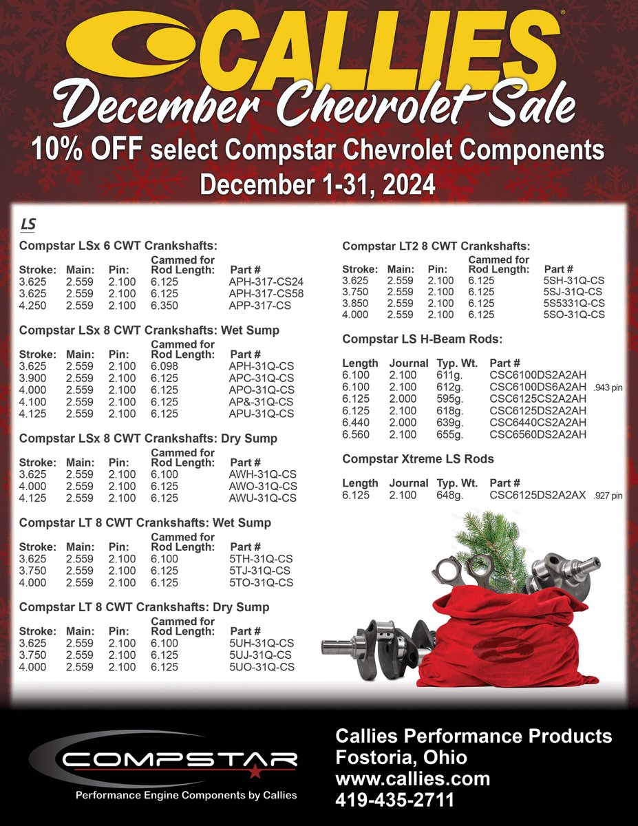 It's time to deck the halls with horsepower! The Callies December Chevrolet Sale is here, bringing incredible deals on top-tier components! See our flyers for details! 419-435-2711 #CalliesPerformance #cheverolet #Compstar