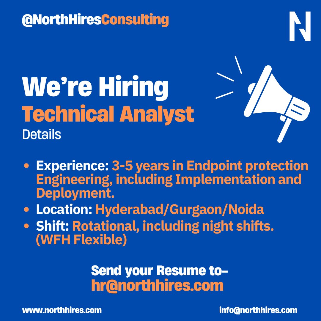 northhires's tweet image. Join our Risk, Control Monitoring, and Reporting team and make a difference. Apply now to grow your career with us!

#EndpointProtection #ApplicationControl #ITCareers #HyderabadJobs #GurgaonJobs #NoidaJobs #HiringNow #TechnicalAnalyst #CareerOpportunities #JobOpening #NH
