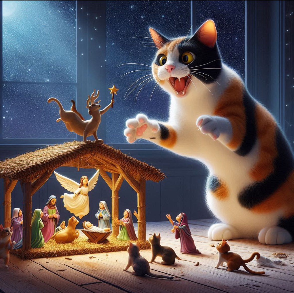 Our cat Loki loves to jump on my Nativity and knock baby Jesus to the ground. Not sure what the little dude did to be targeted with such fixated wrath.

I guess while all dogs go to Heaven, cats go.....someplace else.