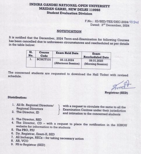 IgnouSaharsa's tweet photo. Notification regarding Rescheduled of Exam of BCHCT131 of TEE December 2024.
#IGNOU
#ignourcsaharsa
#IGNOUExams https://t.co/Epz1BSXZrq