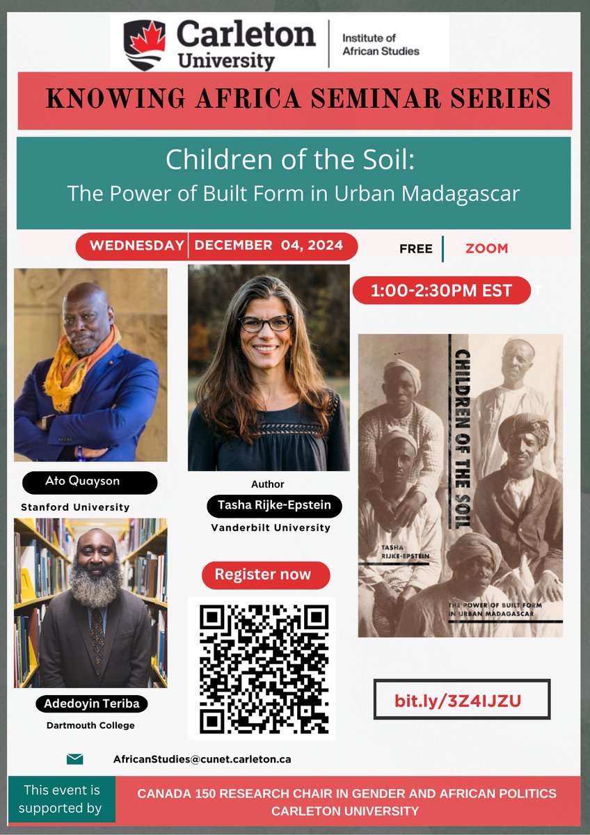 Reminder: Event in 2 Hours!

🌍 Children of the Soil: The Power of Built Form in Urban Madagascar
📅 Today, Dec 4, 2024 | ⏰ 1:00–2:30 PM EST | 📍 Zoom
Speaker: Tasha Rijke-Epstein
Discussants: Adedoyin Teriba &amp; Ato Quayson
Chair: Shireen Hassim
Discover how architecture shapes