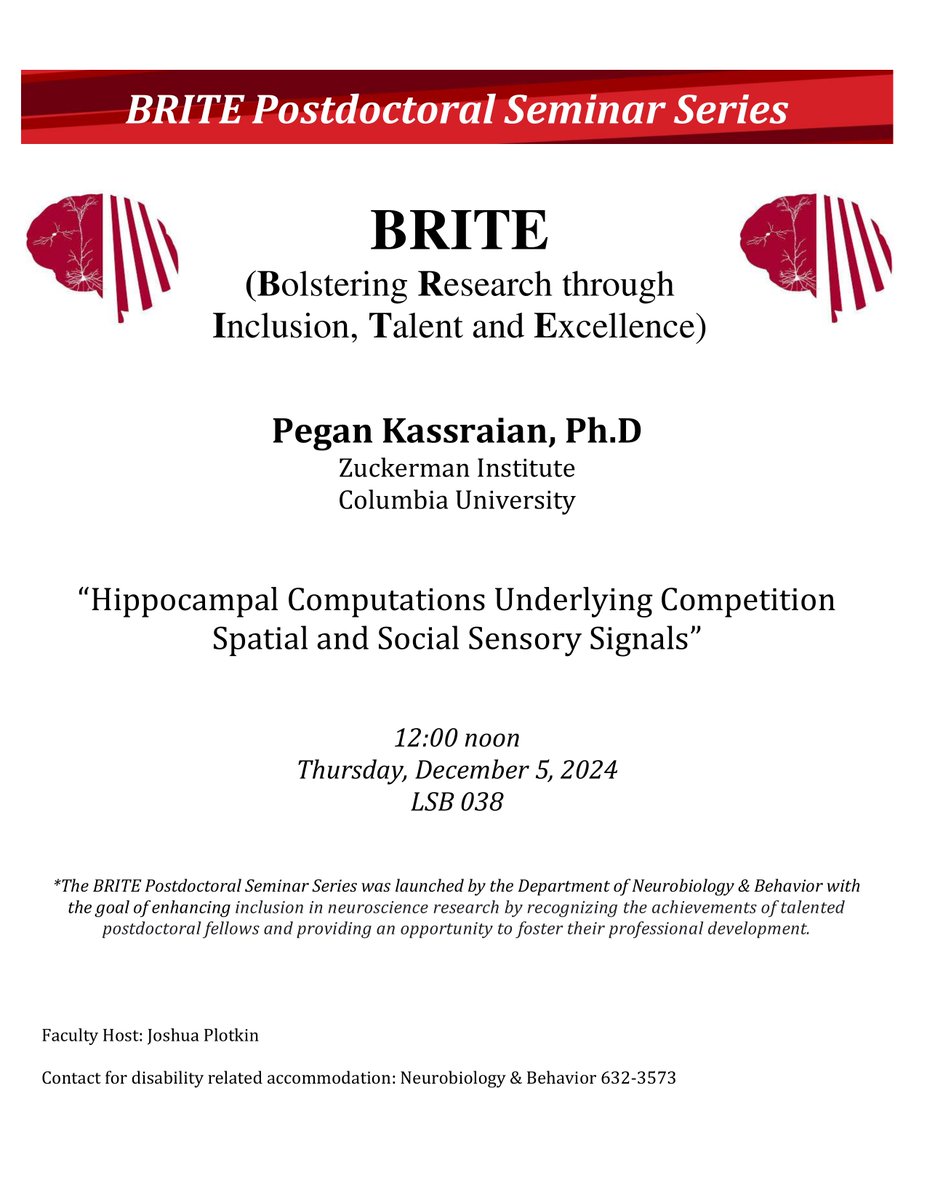 SBUNeurobiology's tweet photo. Our first BRITE Postdoctoral Seminar speaker for this semester is Dr Pegah Kassraian, from Columbia University. Join us in LSB 038 at noon to learn about "Hippocampal Computations Underlying Competing Spatial and Social Sensory Signals." All details below! #Research #neurobio https://t.co/WoNWBQoAXc