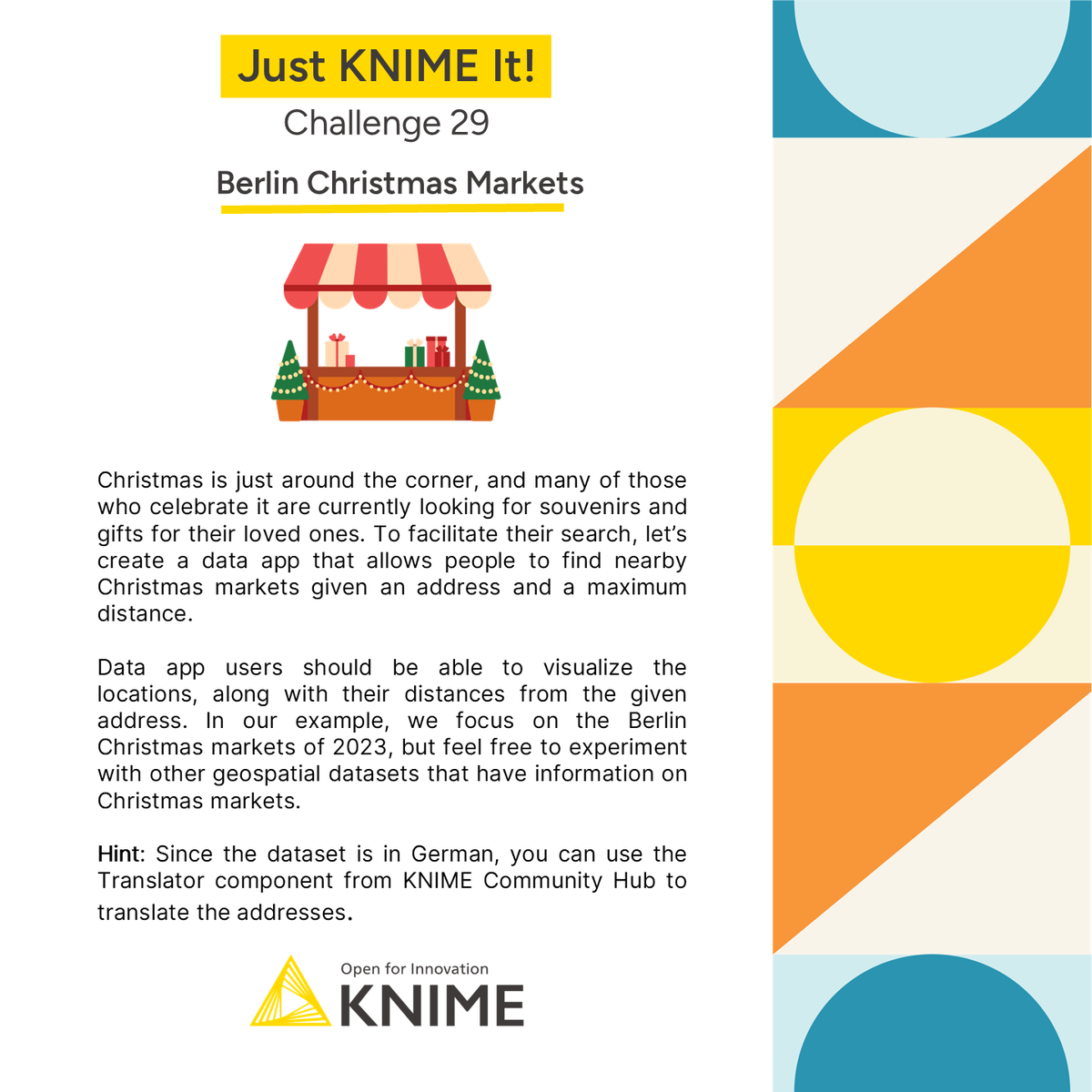 knime's tweet photo. 🎄 With Christmas just around the corner, many are on the hunt for the perfect gifts for their loved ones.🎁 

This week, let’s use our #JustKNIMEIt challenge to build a #dataapp that allows people to find and visualize nearby Christmas markets. https://t.co/Li5zG0Wu34 https://t.co/pXiItoQr0O