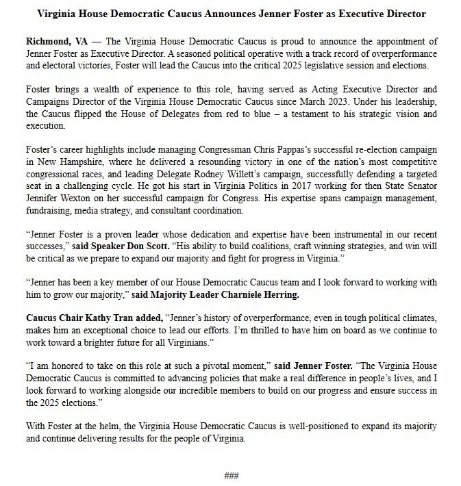 The Virginia House Democratic Caucus is proud to announce the appointment of Jenner Foster as our Executive Director!